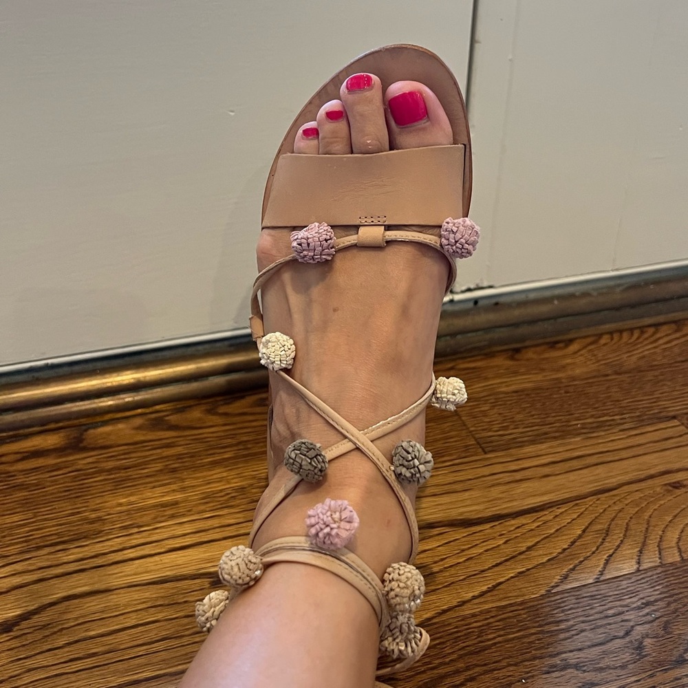 Leoffler Randall flat leather sandals with Pom Pom ties